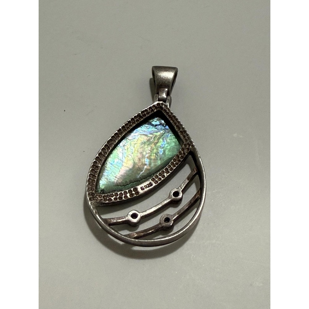 Vintage Sterling Silver Teardrop Abalone Shell Pendant with Amethyst 925 - Picture 3 of 5